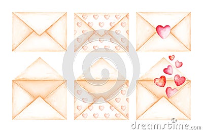 Cute love message beige envelopes. Watercolor illustration Stock Photo