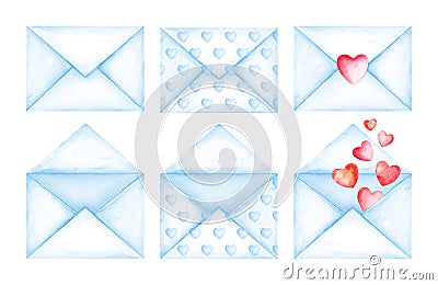 Cute love message blue envelopes. Watercolor illustration Stock Photo