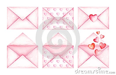 Cute love message pink envelopes. Watercolor illustration Stock Photo