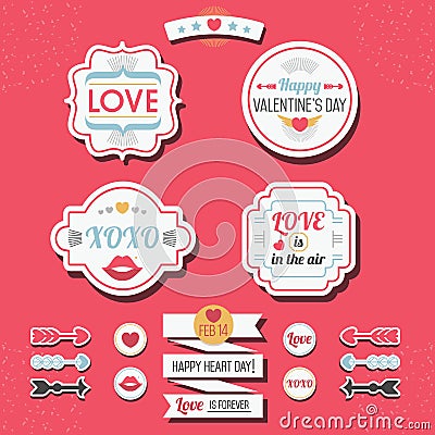 Cute Love and Valentine's Day retro stickers and labels set Vector Illustration