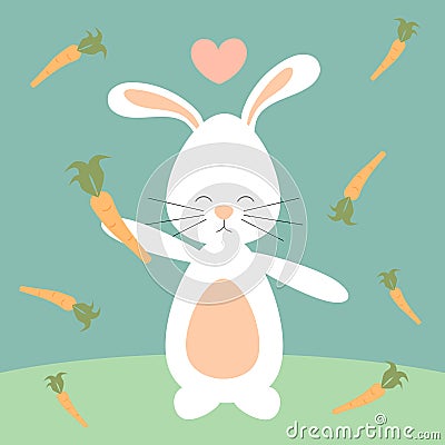 Cute lovely cartoon bunny rabbit and carrots funny illustration Vector Illustration