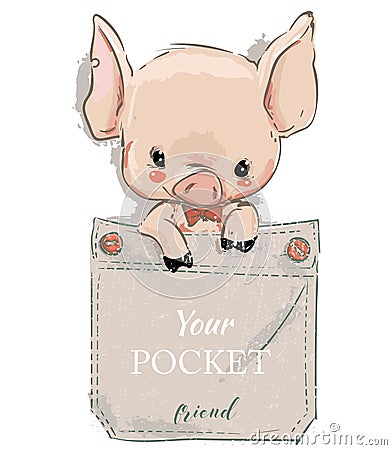 Cute lovely cartoon pig on pocket. Vector illustration Vector Illustration