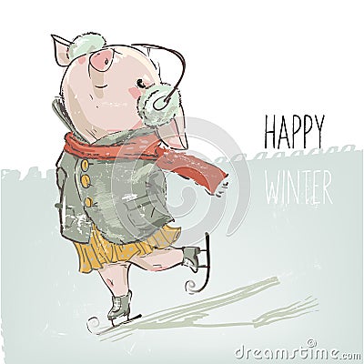 Cute lovely cartoon pig skating Vector Illustration