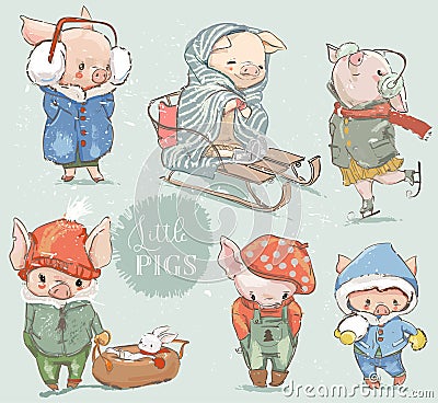 Cute lovely cartoon pigs vector collection Vector Illustration