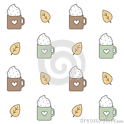 Cute lovely cartoon seamless vector pattern background illustration with leaves, cozy cups with heart and whipped cream Vector Illustration