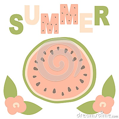 Cute lovely cartoon vector summer card with hand drawn watermelon Vector Illustration