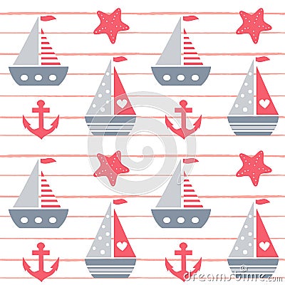 Cute lovely cartoon summer marine striped seamless vector pattern background illustration with boats, anchors and starfishes Vector Illustration