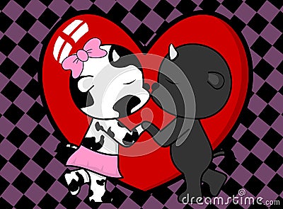 Cute lovely cow bull boy and girl kissing cartoon valentine background Vector Illustration