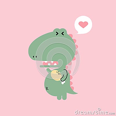 Cute and lovely hand drawn dinosaur, crocodile holding meat with heart, happy valentine`s day, love concept Vector Illustration