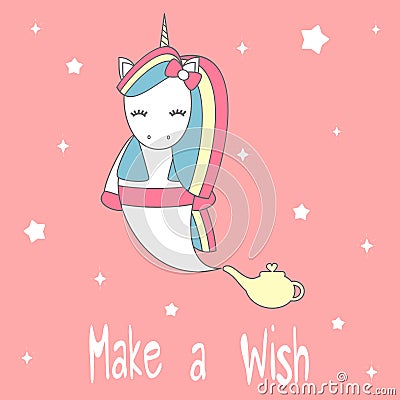 Cute lovely hand drawn lettering slogan make a wish card with cartoon vector genie unicorn Vector Illustration