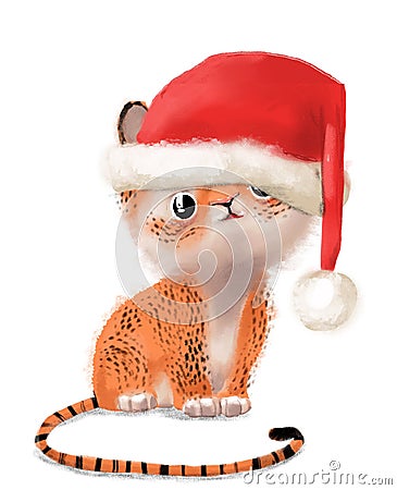 cute lovely little cheetah character with christmas hat Stock Photo