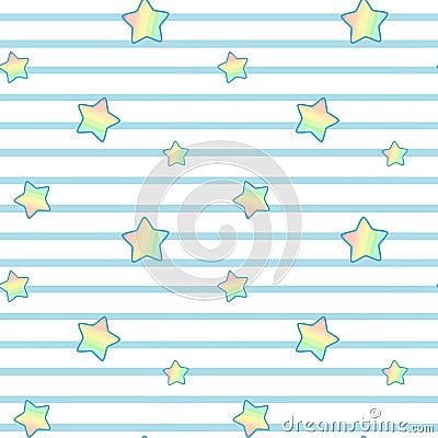 Cute lovely rainbow stars on white and blue stripes seamless pattern illustration Cartoon Illustration