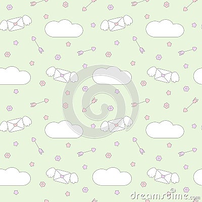 Cute lovely seamless pattern background illustration with envelope, hearts, clouds, arrows, flowers and stars Vector Illustration