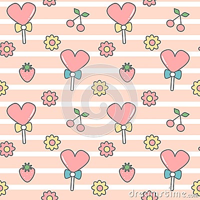 Cute lovely seamless vector pattern background illustration with heart lollipops, daisy flowers, cherries and strawberries Vector Illustration