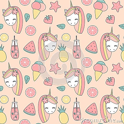 Cute lovely summer seamless vector pattern background illustration with unicorn, pineapples, ice cream, watermelon slice, strawber Vector Illustration