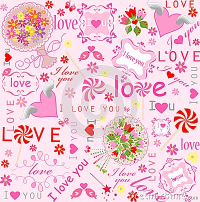 Cute lovely wallpaper with hearts, candy, frames, bouquets and wishes Vector Illustration