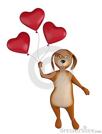 A cute lover valentine cartoon dog with a red heart baloons isolated on white background. 3d render Stock Photo