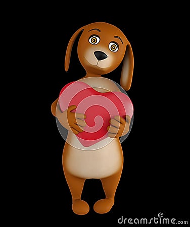 A cute lover valentine cartoon dog with a red heart isolated on black background. 3d render Stock Photo