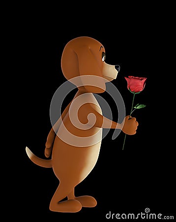 Cute lover valentine dog with rose isolated on black background. 3d render Stock Photo