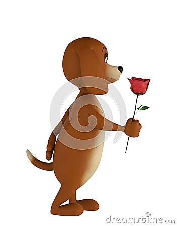 Cute lover valentine dog with rose isolated on white background. 3d render Stock Photo