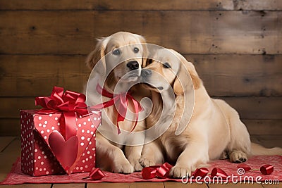 A cute lover valentine puppy dog couple with a gift box Stock Photo