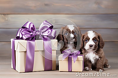 A cute lover valentine puppy dog couple with a gift box Stock Photo