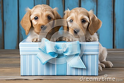 A cute lover valentine puppy dog couple with a gift box Stock Photo