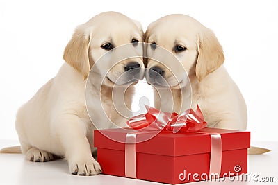 A cute lover valentine puppy dog couple with a gift box on white background Stock Photo
