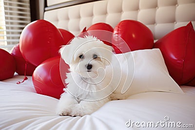A cute lover valentine puppy dog with red balloons on white bed Stock Photo