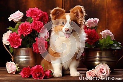 A cute lover valentine puppy dog with flowers love card concept Stock Photo