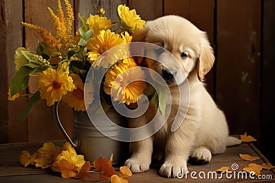 A cute lover valentine puppy dog with flowers love card concept Stock Photo