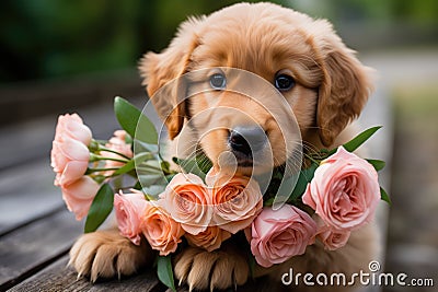 A cute lover valentine puppy dog with flowers love card concept Stock Photo