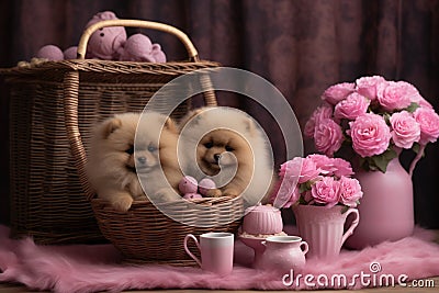 A cute lover valentine puppy dog with flowers love card concept Stock Photo