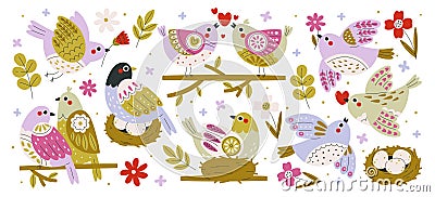 Cute loving bird couples sitting on tree branch, in nest with flowers creative decoration set Vector Illustration