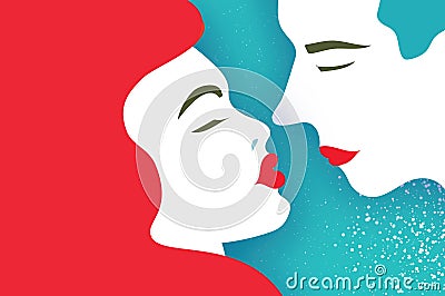 Cute Loving couple. Kissing. People profile. Beautiful Man and redhair woman. Holidays and celebration on blue. Happy Vector Illustration