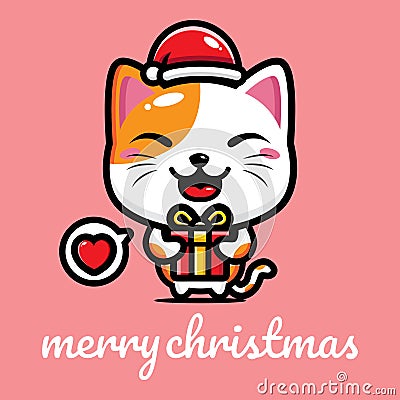 Cute lucky cat character celebrating christmas holding gift box Vector Illustration