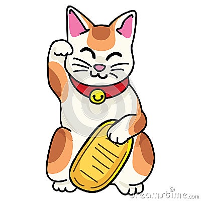 Cute lucky cat with coin vector. Hand drawn maneki neko traditional clipart Stock Photo