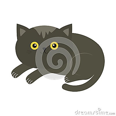 Cute lying gray cartoon cat with moustache whisker and yellow eyes. Vector Illustration