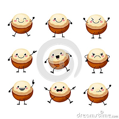 Cute macadamia nuts characters set with different emitions vector illustration. Vector Illustration