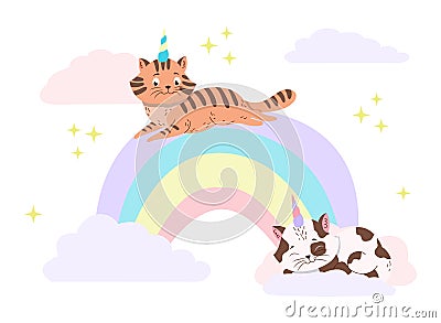 Cute magic cats with horn concept Vector Illustration