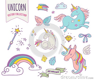 Cute magic collection with unicon, rainbow, fairy Vector Illustration