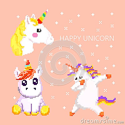 Cute magic white unicorn, pixel art. vector Vector Illustration