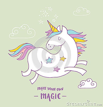 Cute magic unicon and rainbow poster, card Vector Illustration