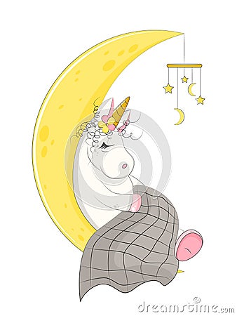 Cute magic unicorn asleep on the moon under the blanket, vector illustration. Vector Illustration