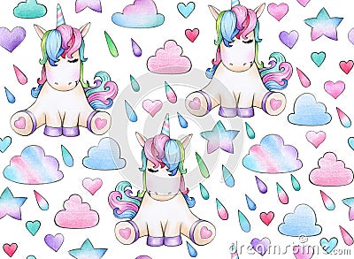 Cute, magic unicorn seamless pattern. Stock Photo