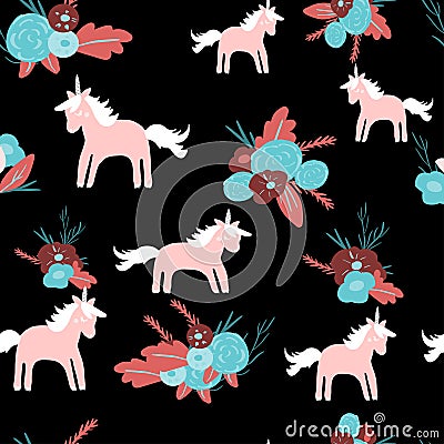 Cute magic Unicorns on a floral background. Vector Romantic hand drawing illustration Cartoon Illustration