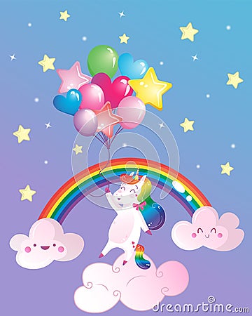 Cute magical rainbow unicorn with balloons, rainbow, clouds and stars. Cartoon vector print for kids Vector Illustration