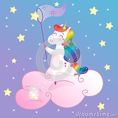 Cute magical rainbow unicorn on cloud with net catching stars. Cartoon vector decoration print for kids Vector Illustration