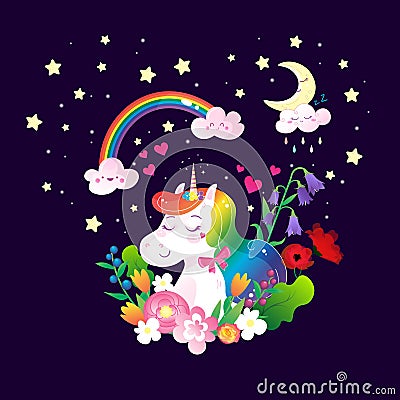 Cute magical rainbow unicorn with flowers print. Decoration vector image Vector Illustration