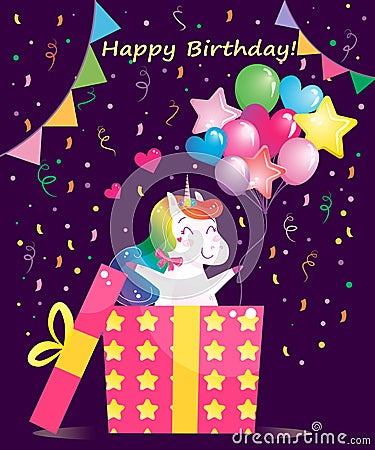 Cute magical rainbow unicorn with gifts and balloons. Happy birthday card for kids. Vector image Vector Illustration